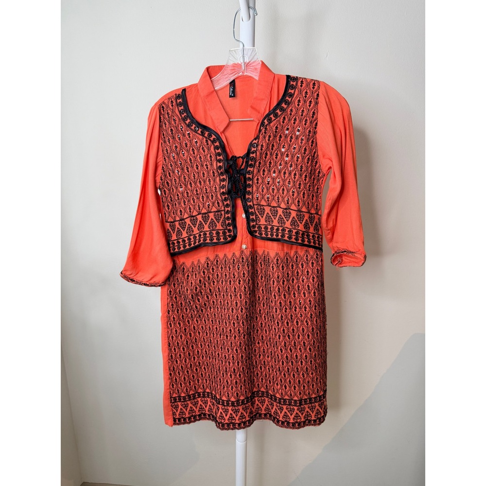 SK Collection Coral Orange Embroidered Sequin Tunic Dress Boho Lace Up Indian 34 - Picture 2 of 5